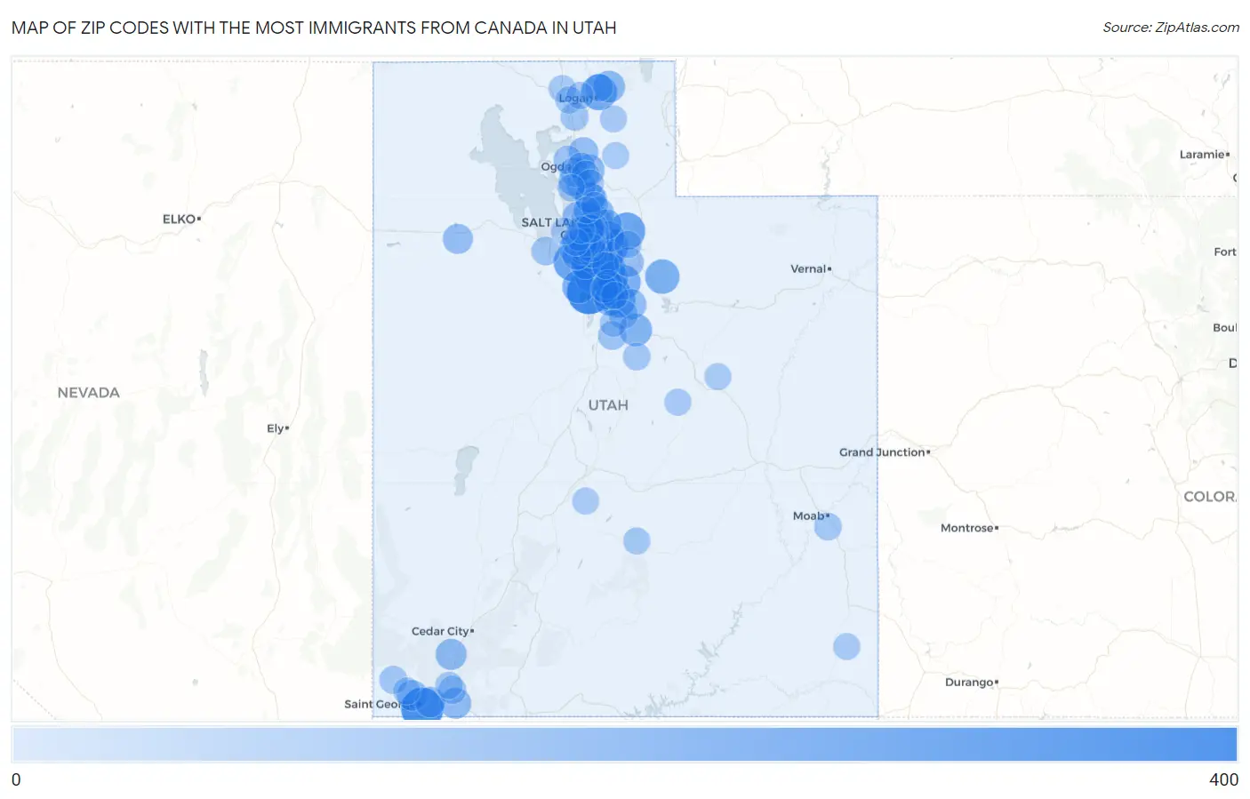 Zip Codes with the Most Immigrants from Canada in Utah Map