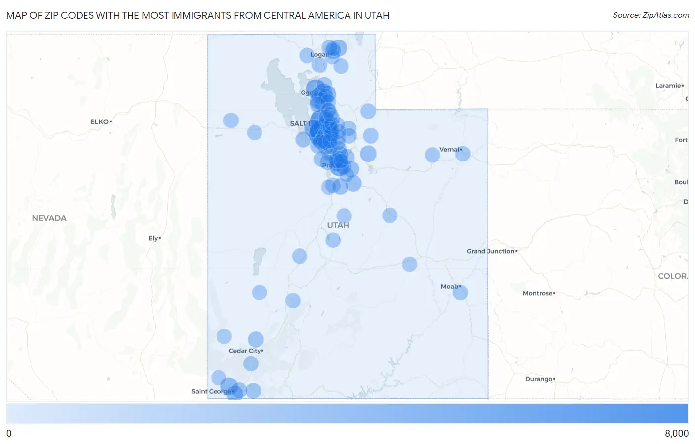 Zip Codes with the Most Immigrants from Central America in Utah Map