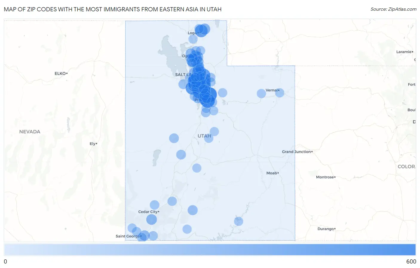 Zip Codes with the Most Immigrants from Eastern Asia in Utah Map