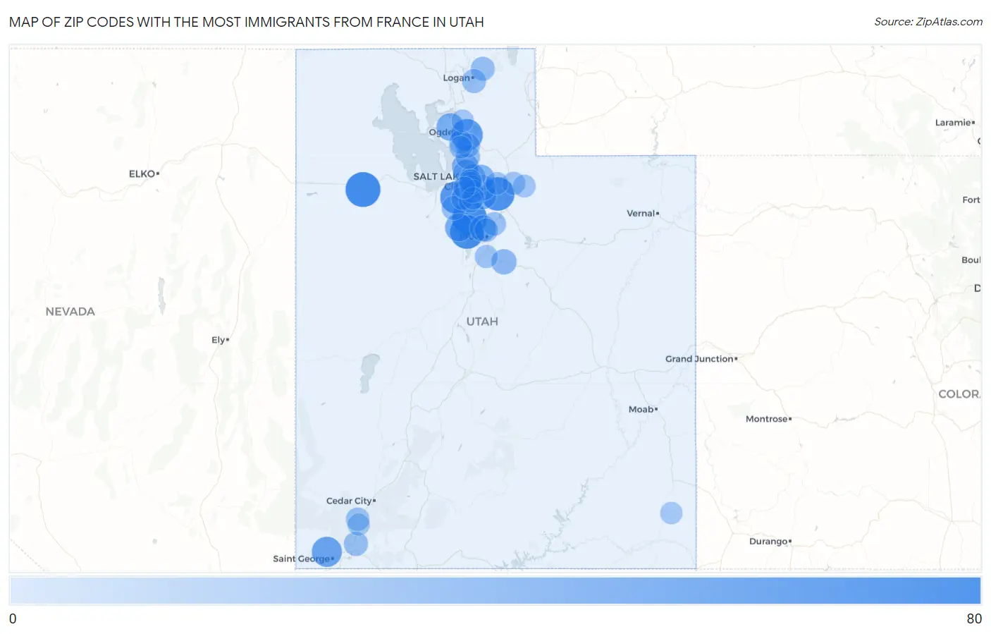 Zip Codes with the Most Immigrants from France in Utah Map