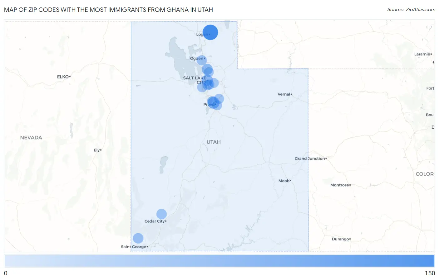 Zip Codes with the Most Immigrants from Ghana in Utah Map