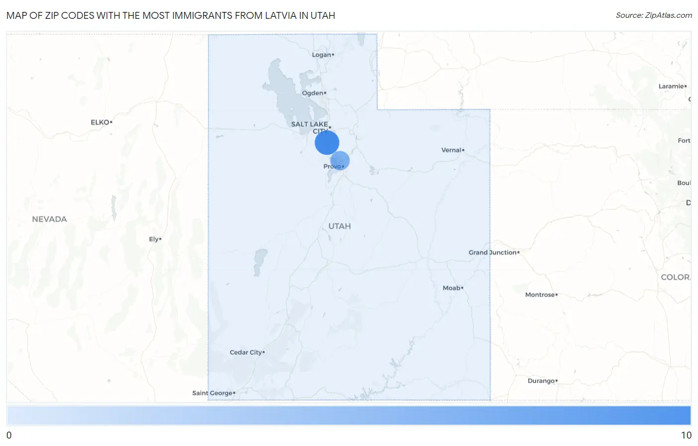 Zip Codes with the Most Immigrants from Latvia in Utah Map