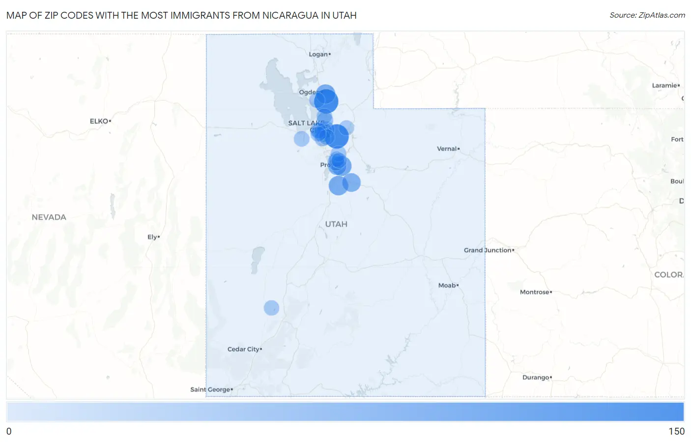 Zip Codes with the Most Immigrants from Nicaragua in Utah Map