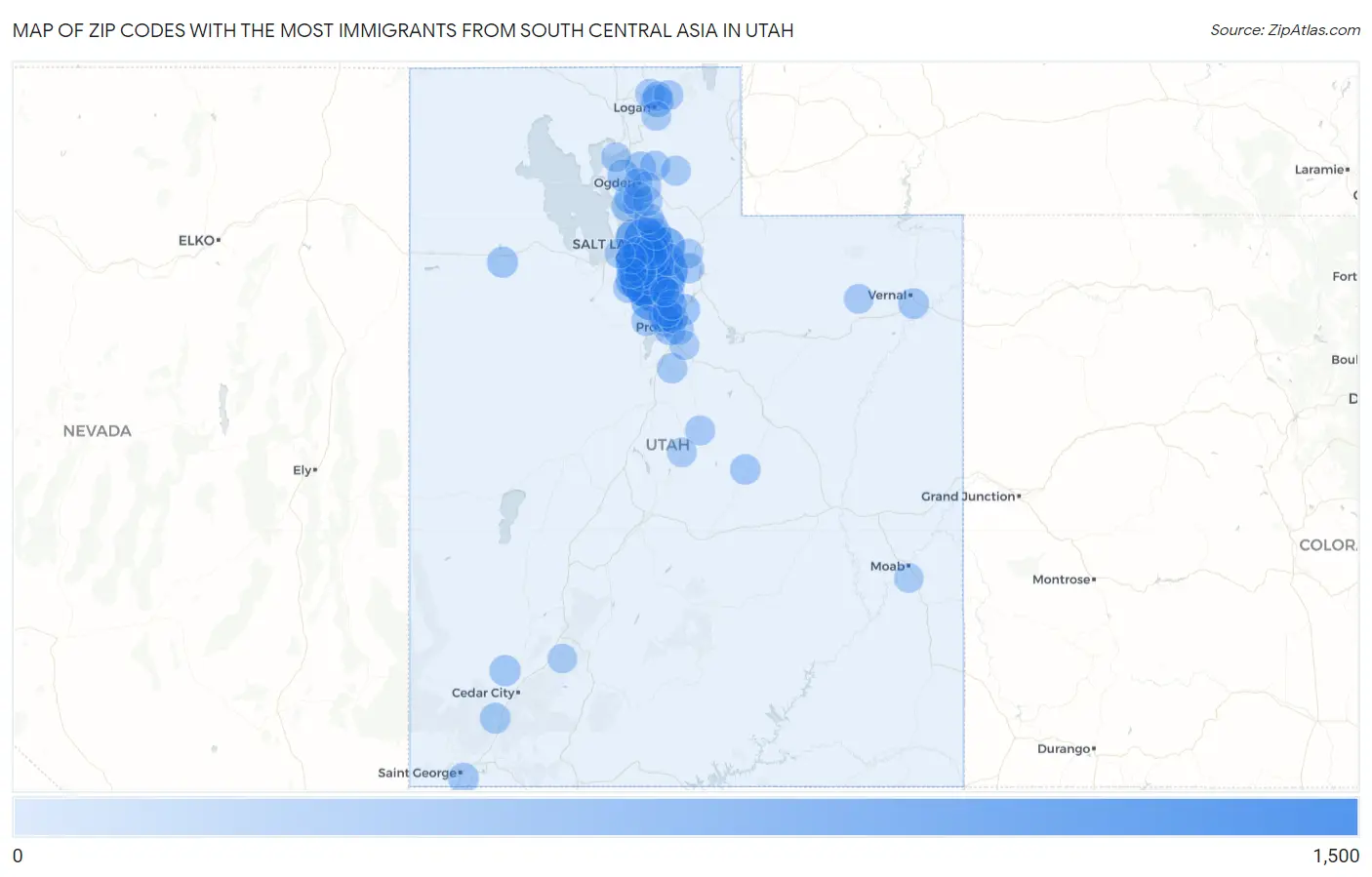 Zip Codes with the Most Immigrants from South Central Asia in Utah Map