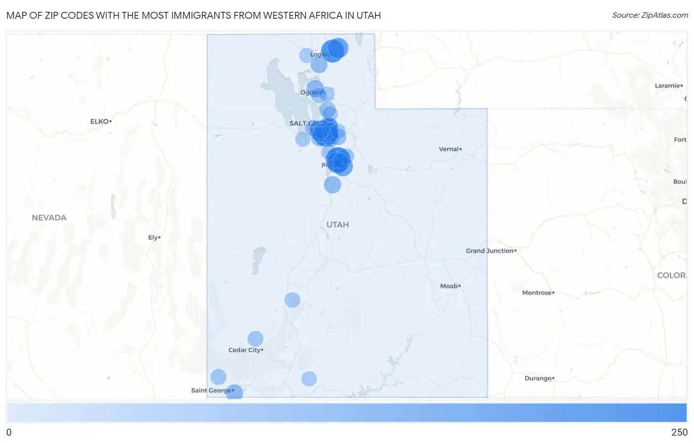 Zip Codes with the Most Immigrants from Western Africa in Utah Map