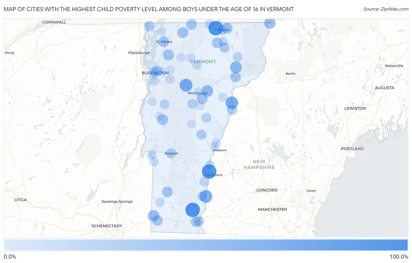 Cities with the Highest Child Poverty Level Among Boys Under the Age of 16 in Vermont Map