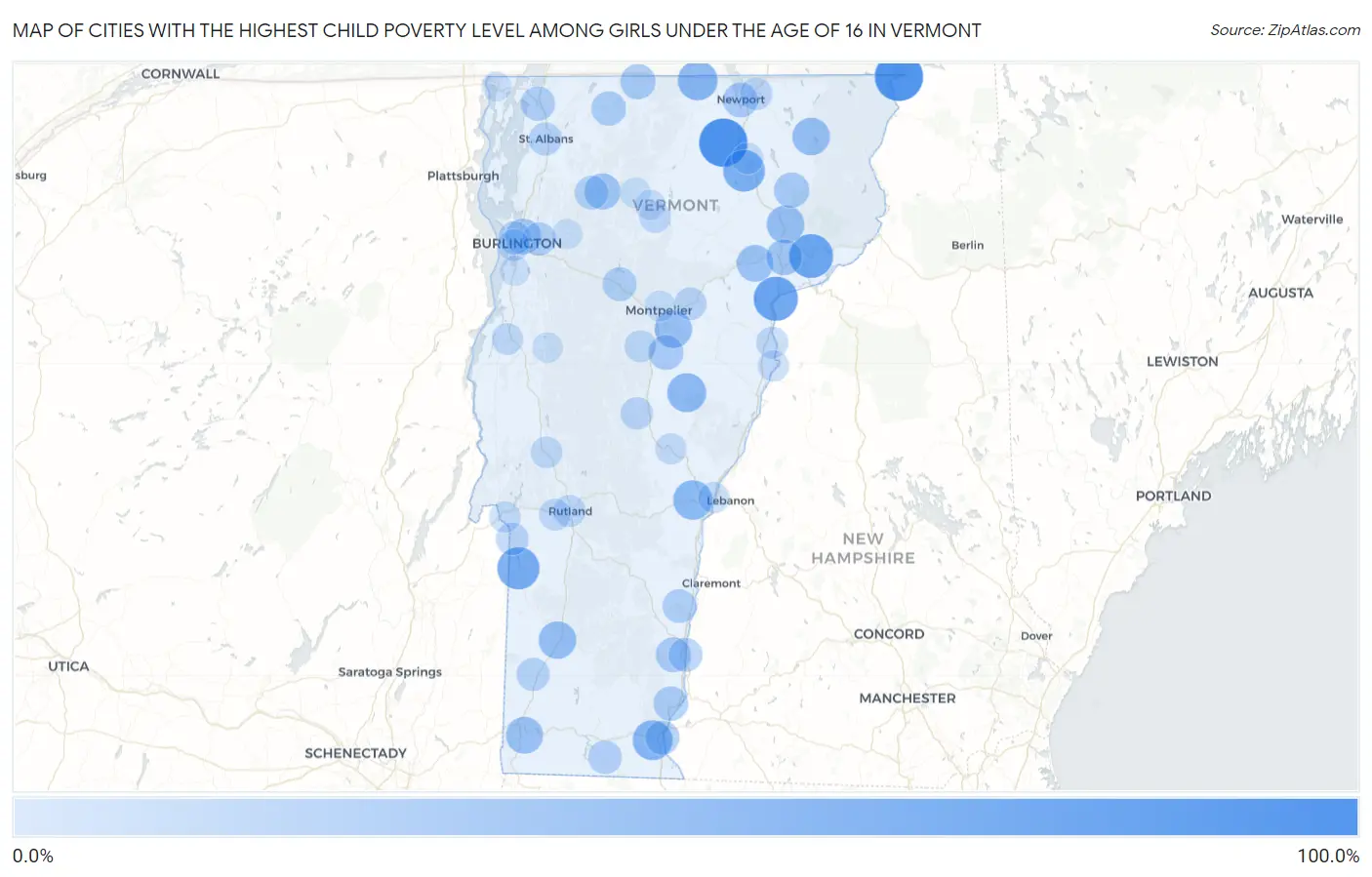 Cities with the Highest Child Poverty Level Among Girls Under the Age of 16 in Vermont Map