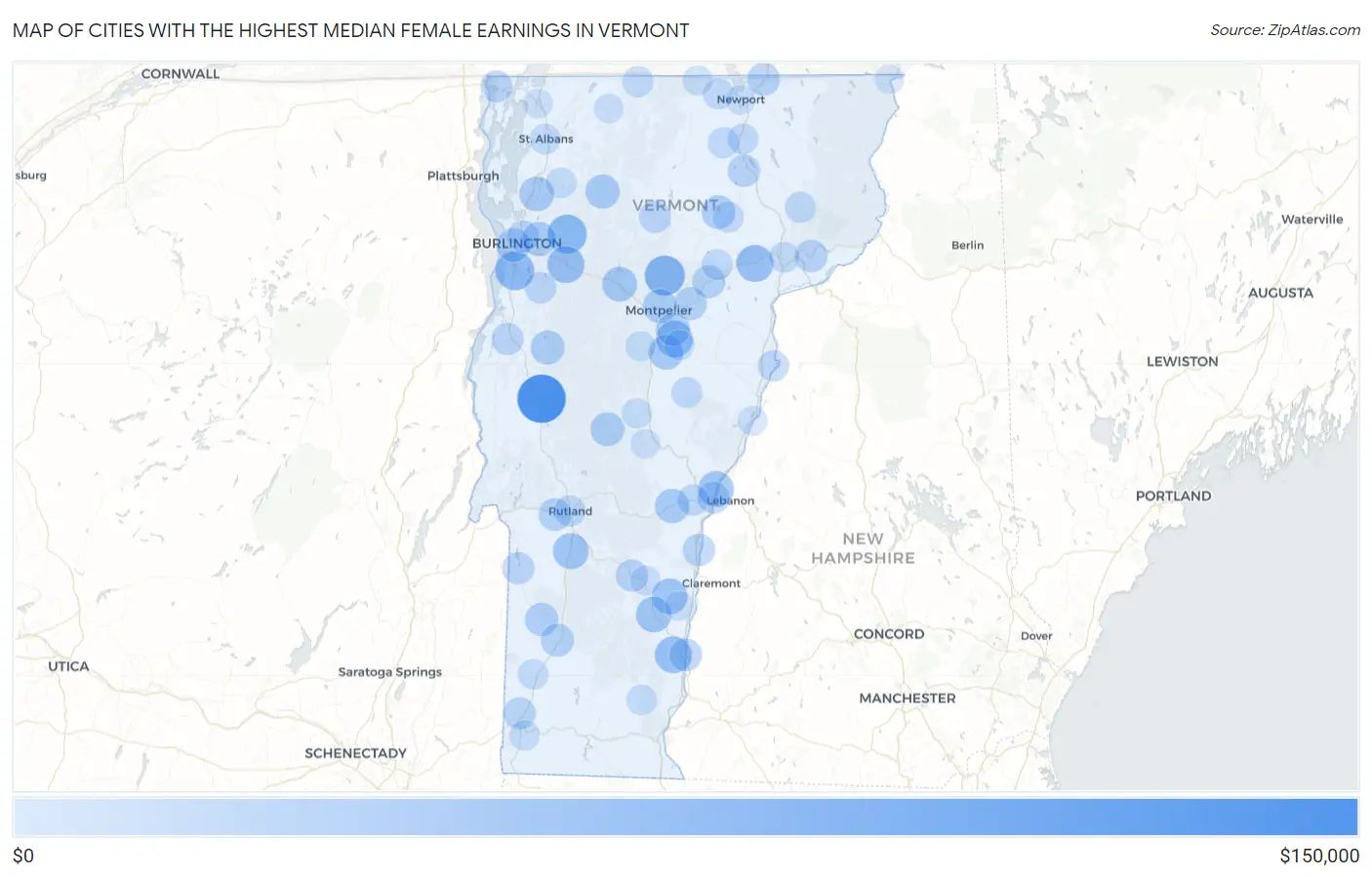 Cities with the Highest Median Female Earnings in Vermont Map