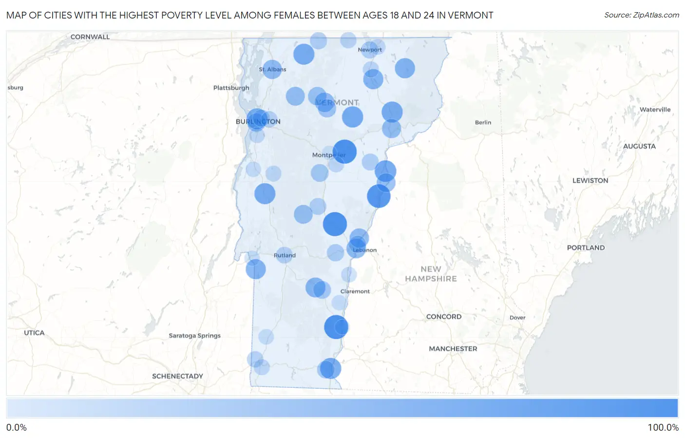 Cities with the Highest Poverty Level Among Females Between Ages 18 and 24 in Vermont Map