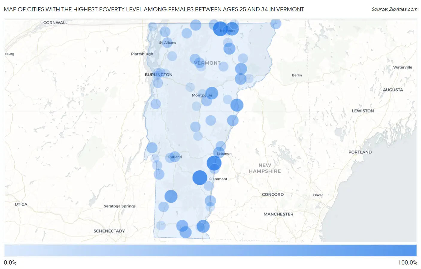 Cities with the Highest Poverty Level Among Females Between Ages 25 and 34 in Vermont Map