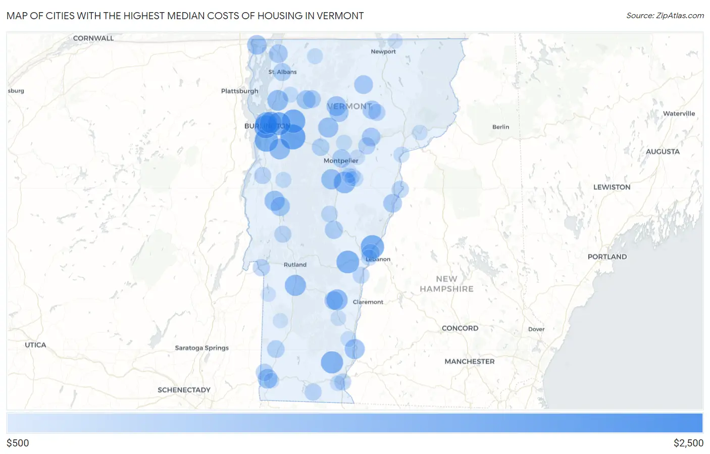 Cities with the Highest Median Costs of Housing in Vermont Map