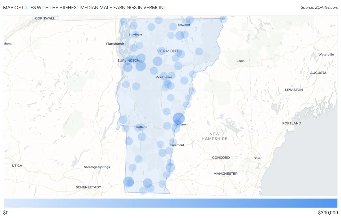 Cities with the Highest Median Male Earnings in Vermont Map
