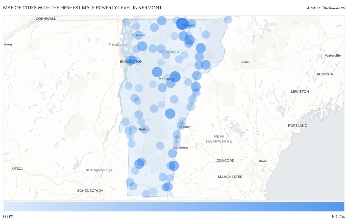 Cities with the Highest Male Poverty Level in Vermont Map