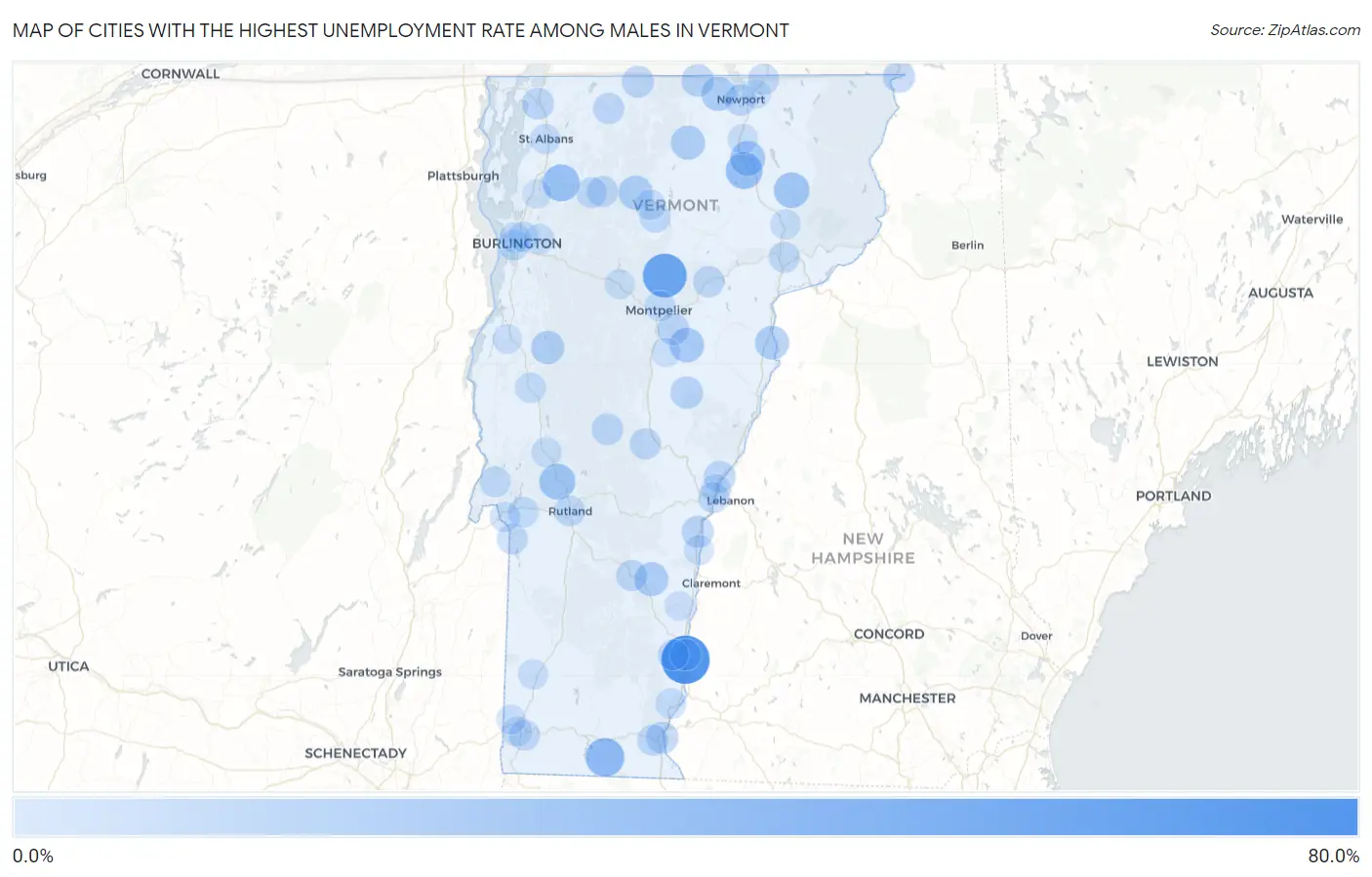 Cities with the Highest Unemployment Rate Among Males in Vermont Map