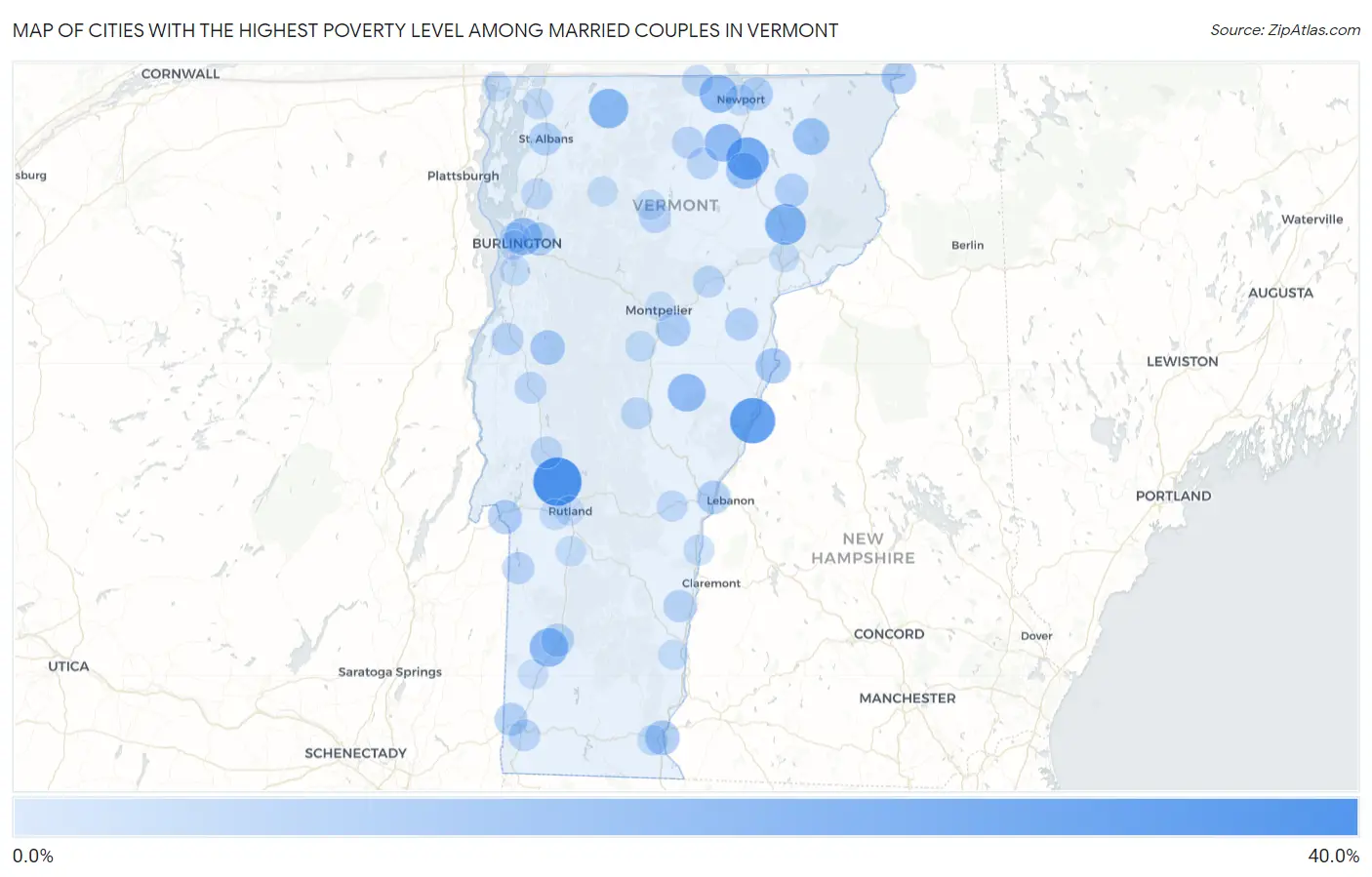 Cities with the Highest Poverty Level Among Married Couples in Vermont Map