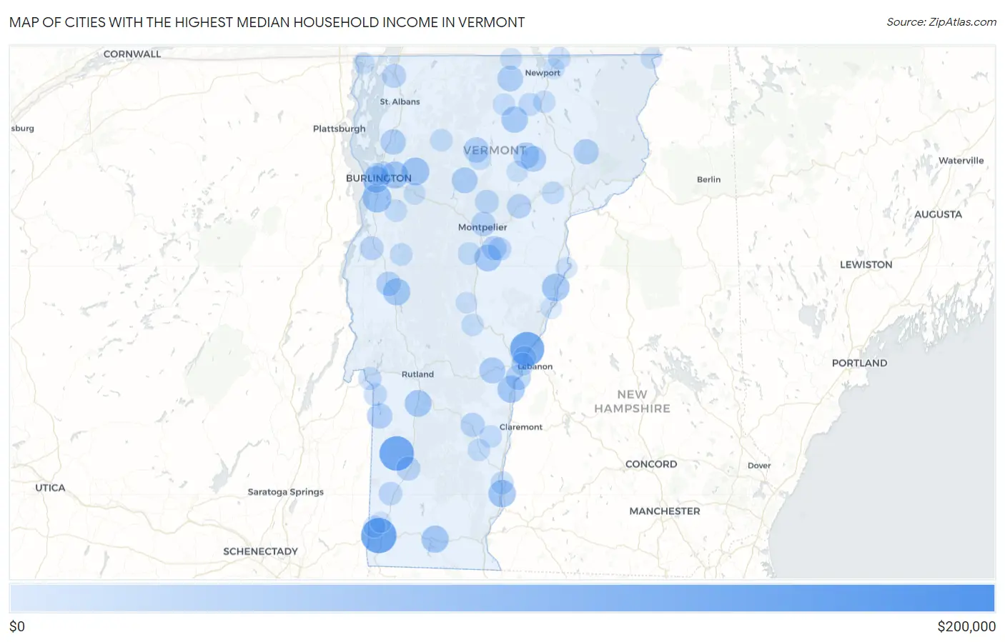 Cities with the Highest Median Household Income in Vermont Map