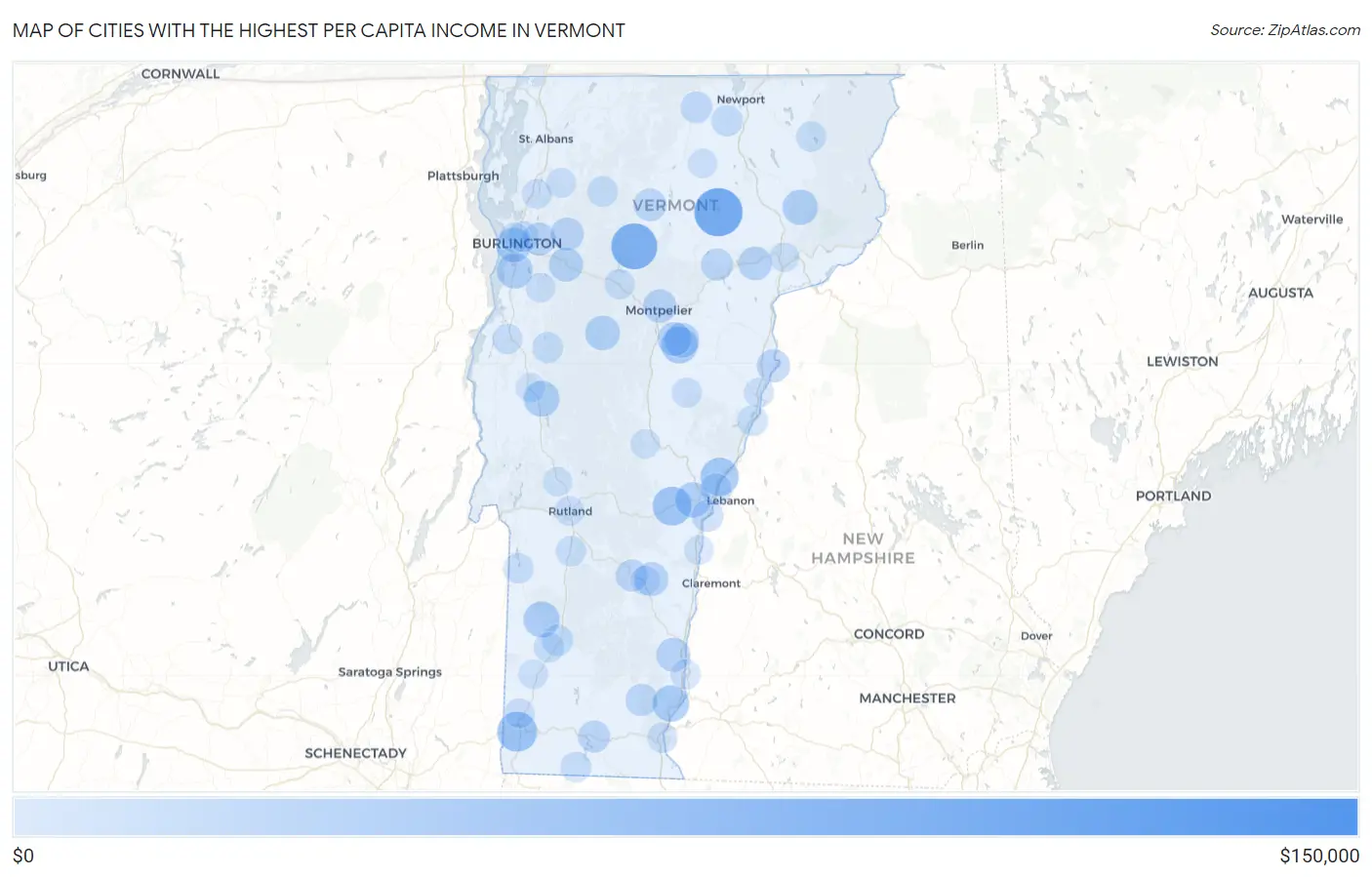 Cities with the Highest Per Capita Income in Vermont Map