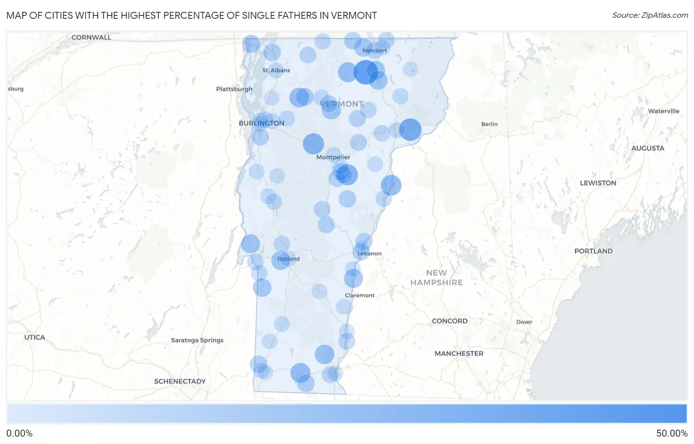 Cities with the Highest Percentage of Single Fathers in Vermont Map