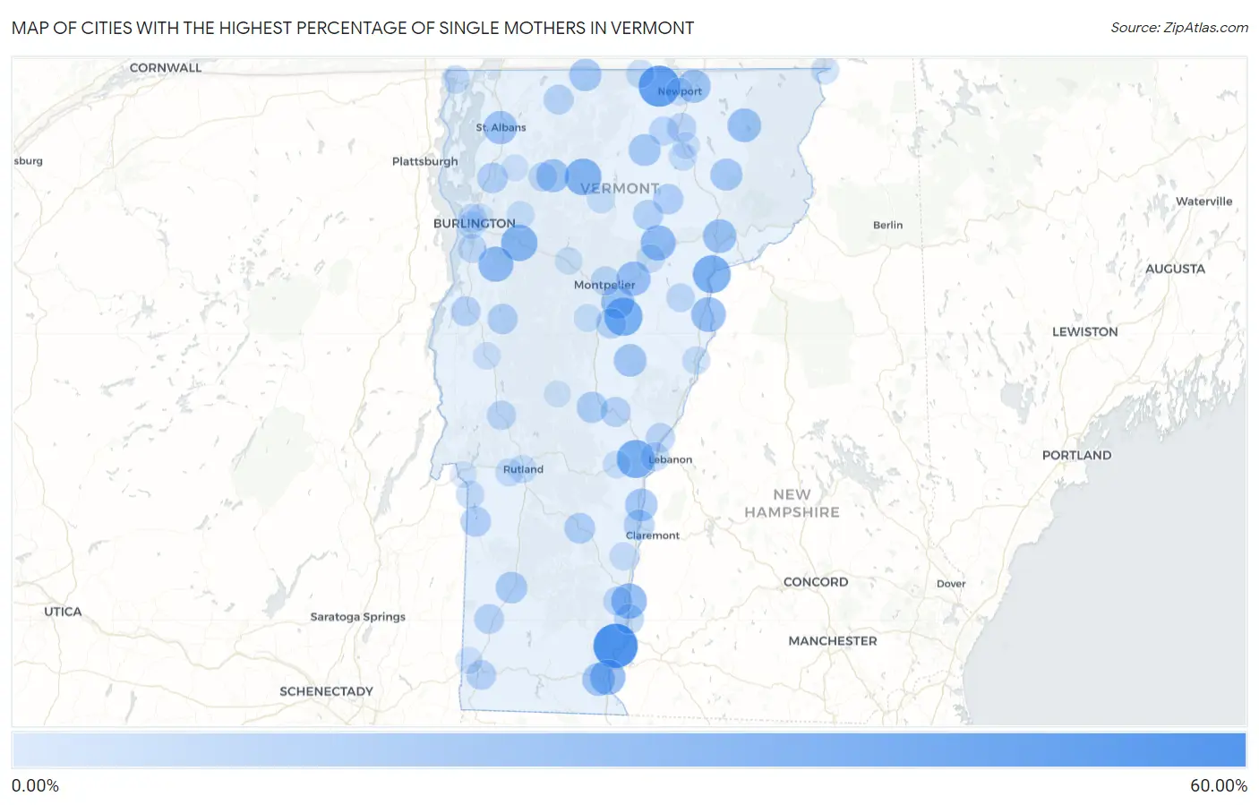Cities with the Highest Percentage of Single Mothers in Vermont Map