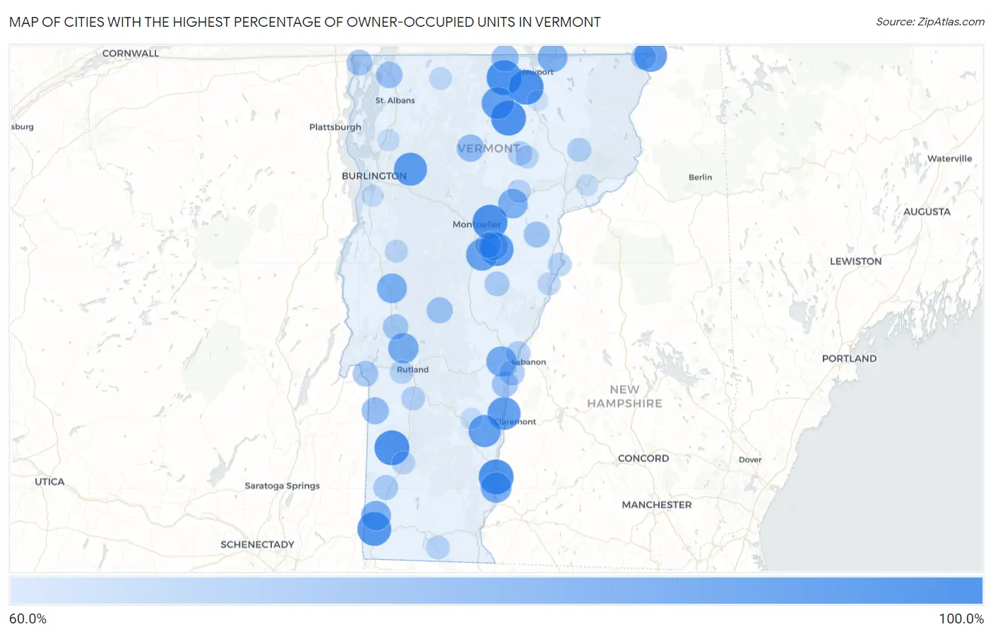 Cities with the Highest Percentage of Owner-Occupied Units in Vermont Map