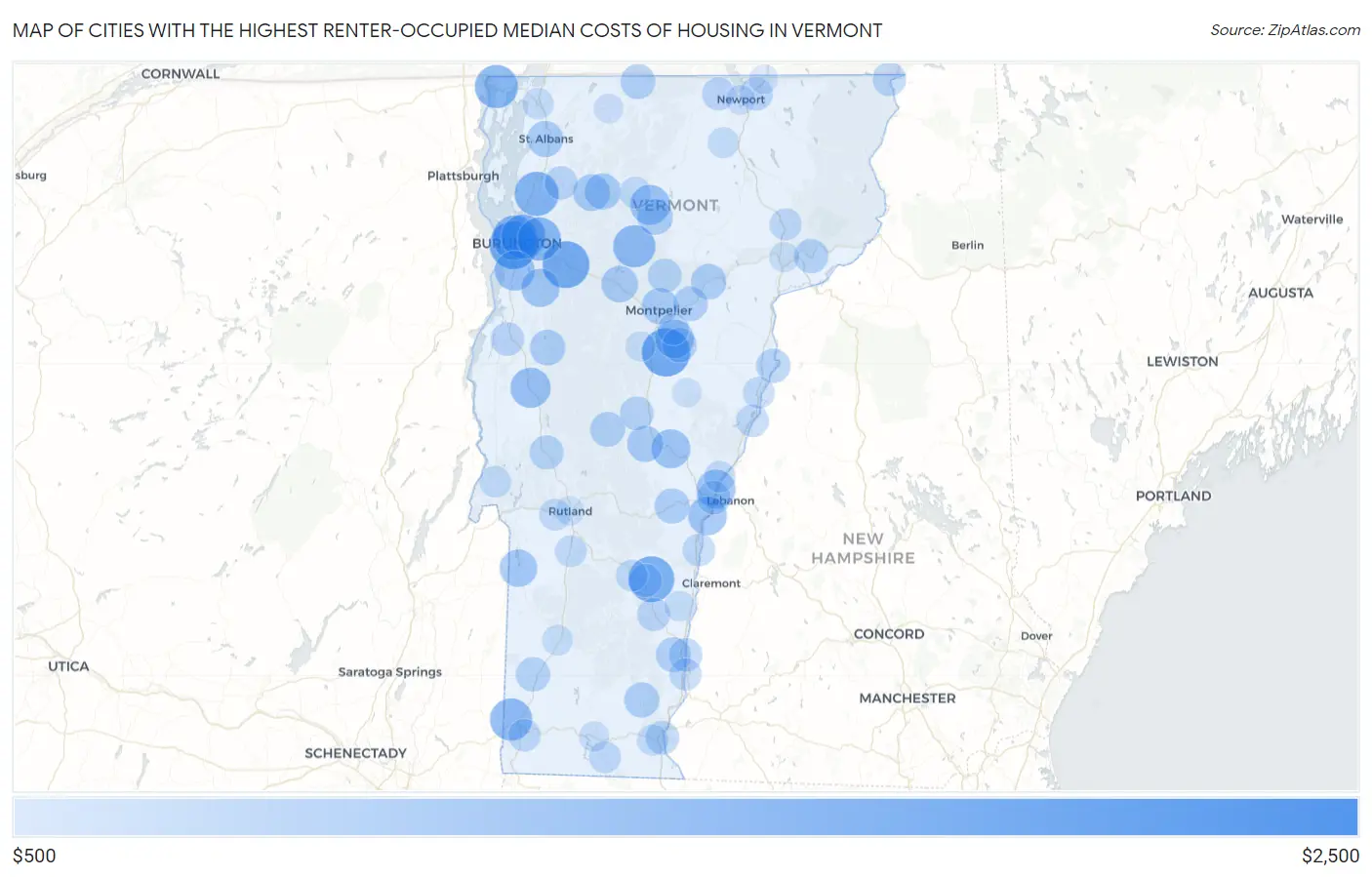 Cities with the Highest Renter-Occupied Median Costs of Housing in Vermont Map