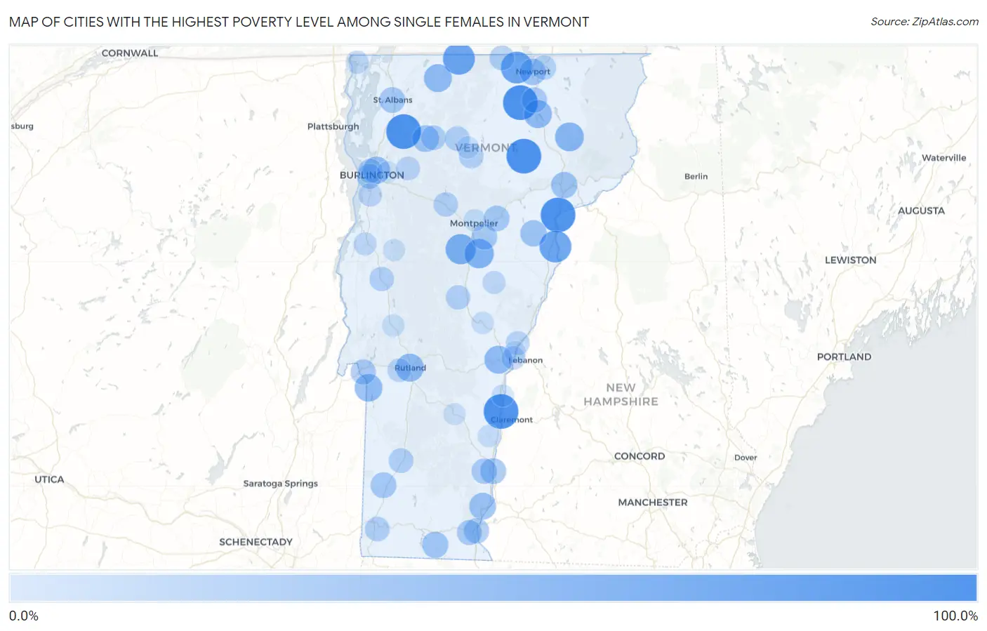 Cities with the Highest Poverty Level Among Single Females in Vermont Map