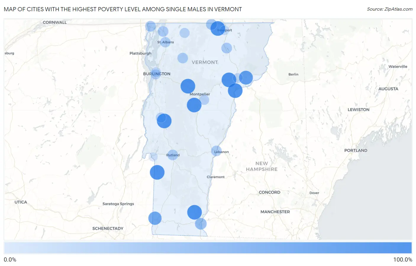 Cities with the Highest Poverty Level Among Single Males in Vermont Map