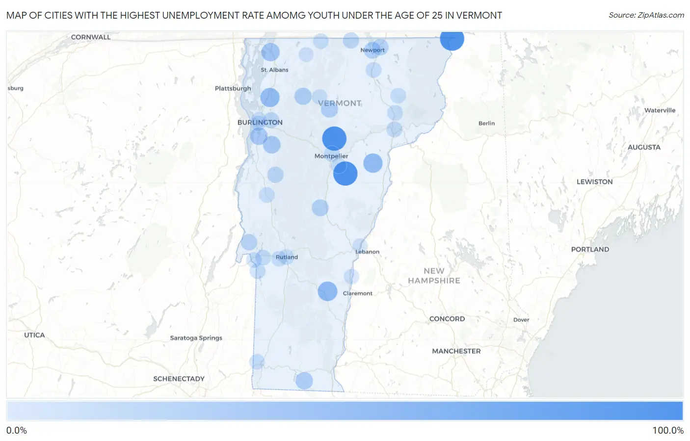 Cities with the Highest Unemployment Rate Amomg Youth Under the Age of 25 in Vermont Map