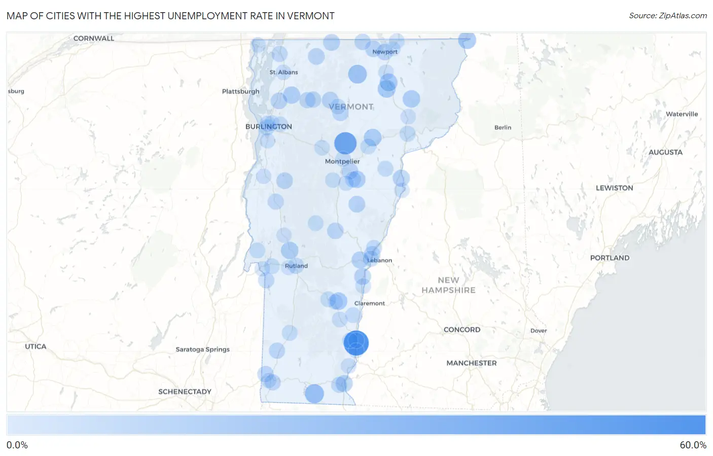 Cities with the Highest Unemployment Rate in Vermont Map