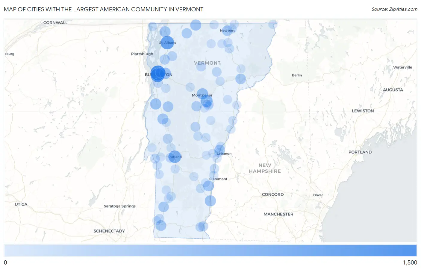 Cities with the Largest American Community in Vermont Map