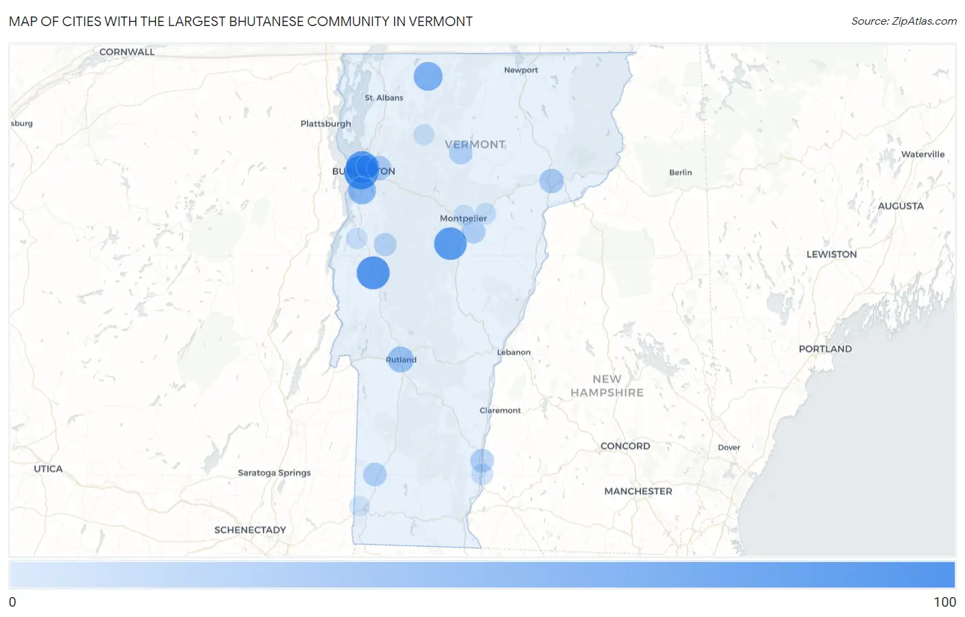 Cities with the Largest Bhutanese Community in Vermont Map