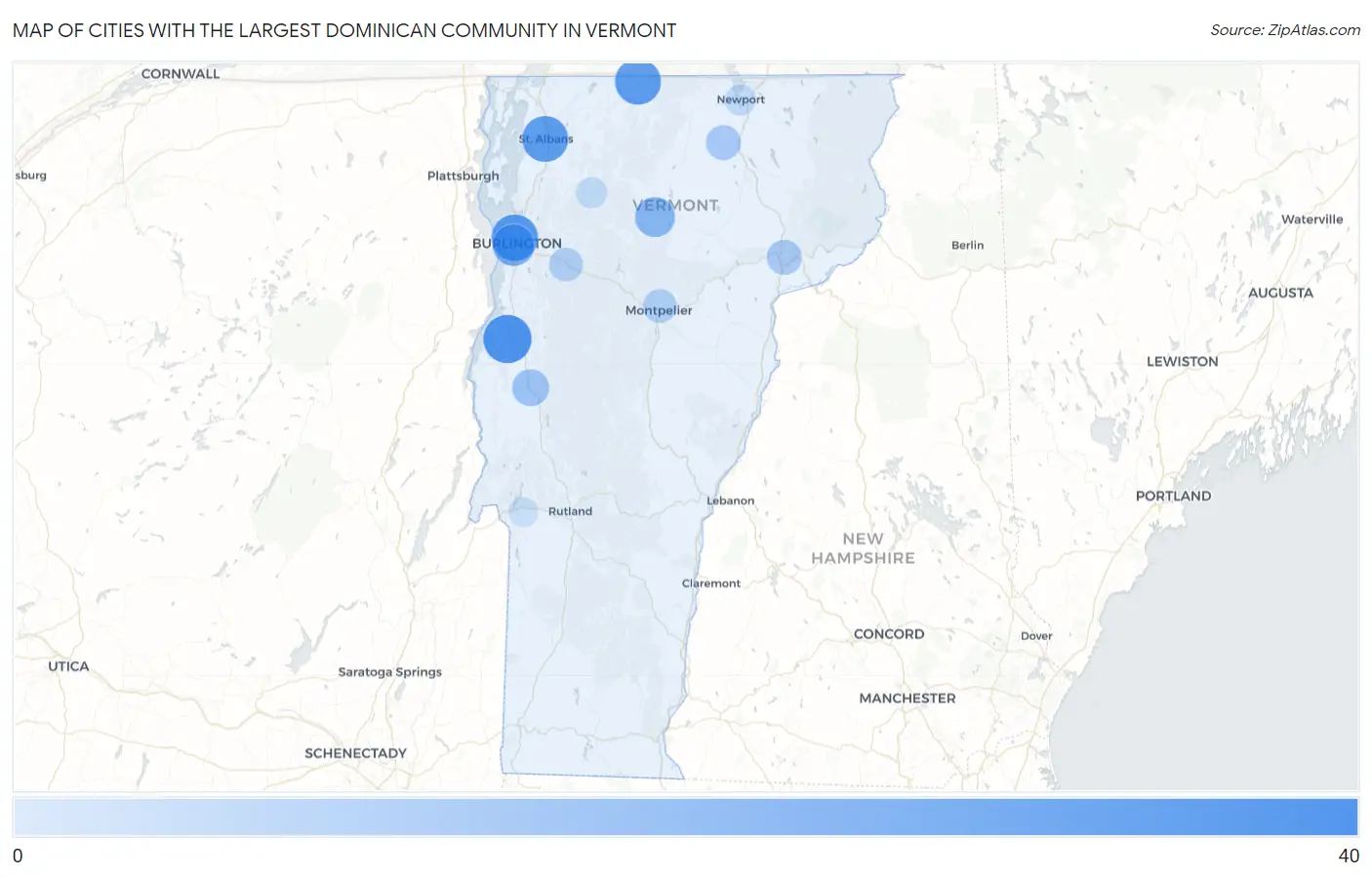 Cities with the Largest Dominican Community in Vermont Map