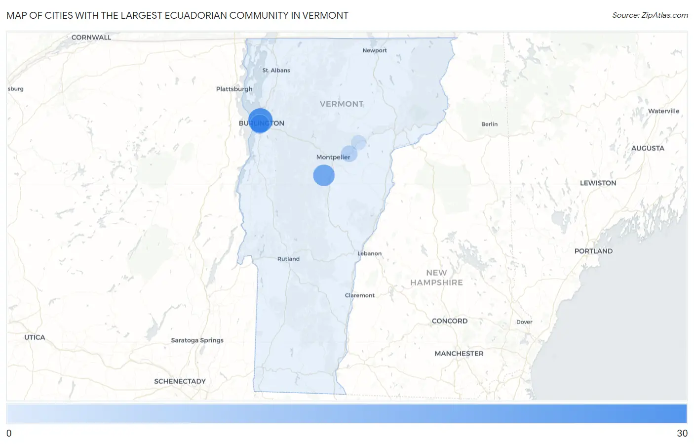 Cities with the Largest Ecuadorian Community in Vermont Map