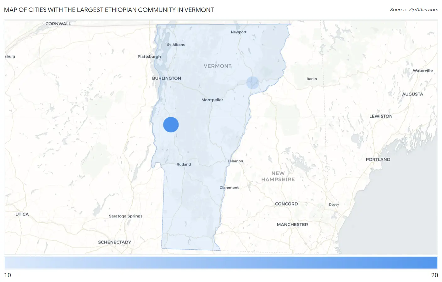 Cities with the Largest Ethiopian Community in Vermont Map