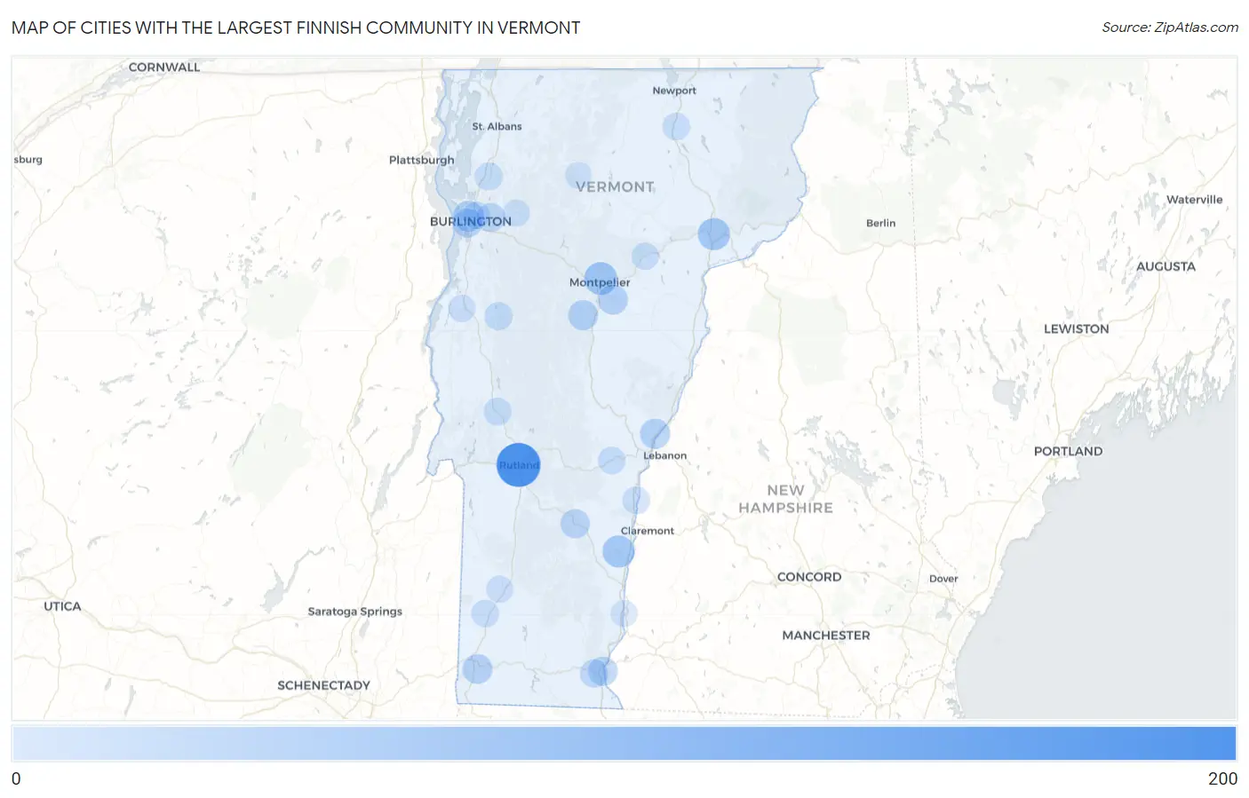 Cities with the Largest Finnish Community in Vermont Map