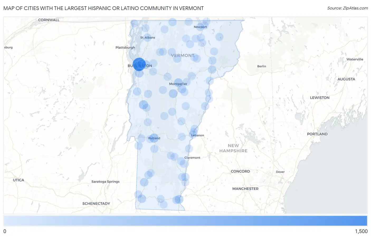 Cities with the Largest Hispanic or Latino Community in Vermont Map