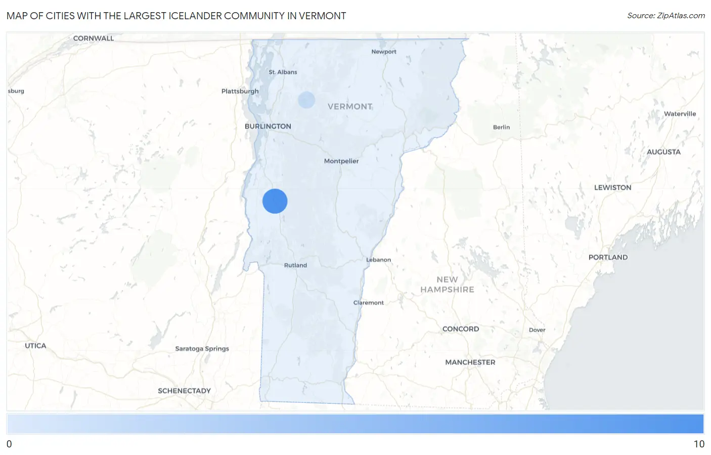 Cities with the Largest Icelander Community in Vermont Map