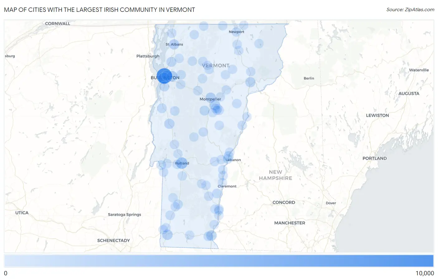 Cities with the Largest Irish Community in Vermont Map