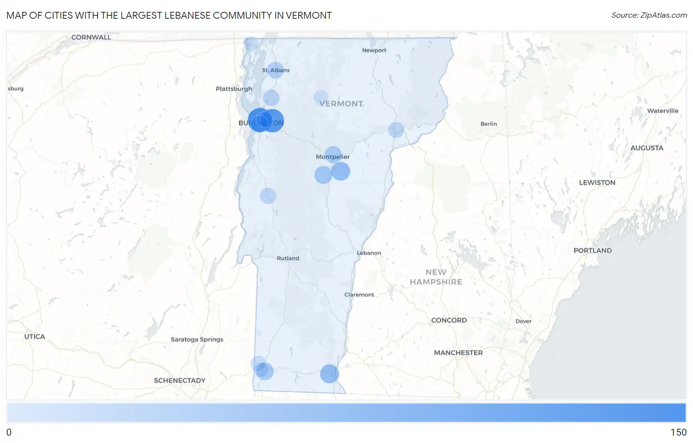 Cities with the Largest Lebanese Community in Vermont Map