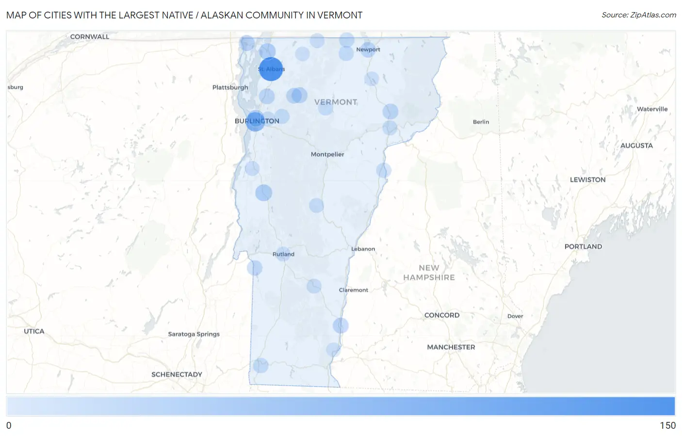 Cities with the Largest Native / Alaskan Community in Vermont Map