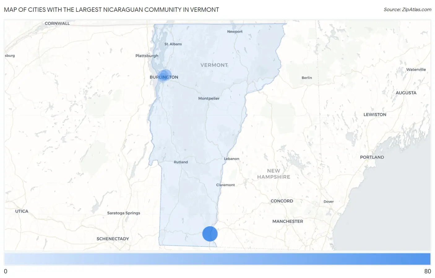 Cities with the Largest Nicaraguan Community in Vermont Map