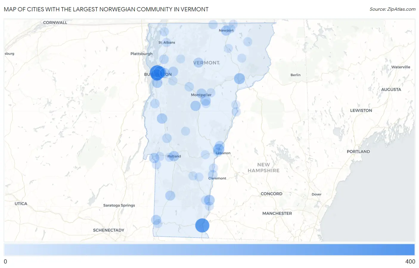 Cities with the Largest Norwegian Community in Vermont Map