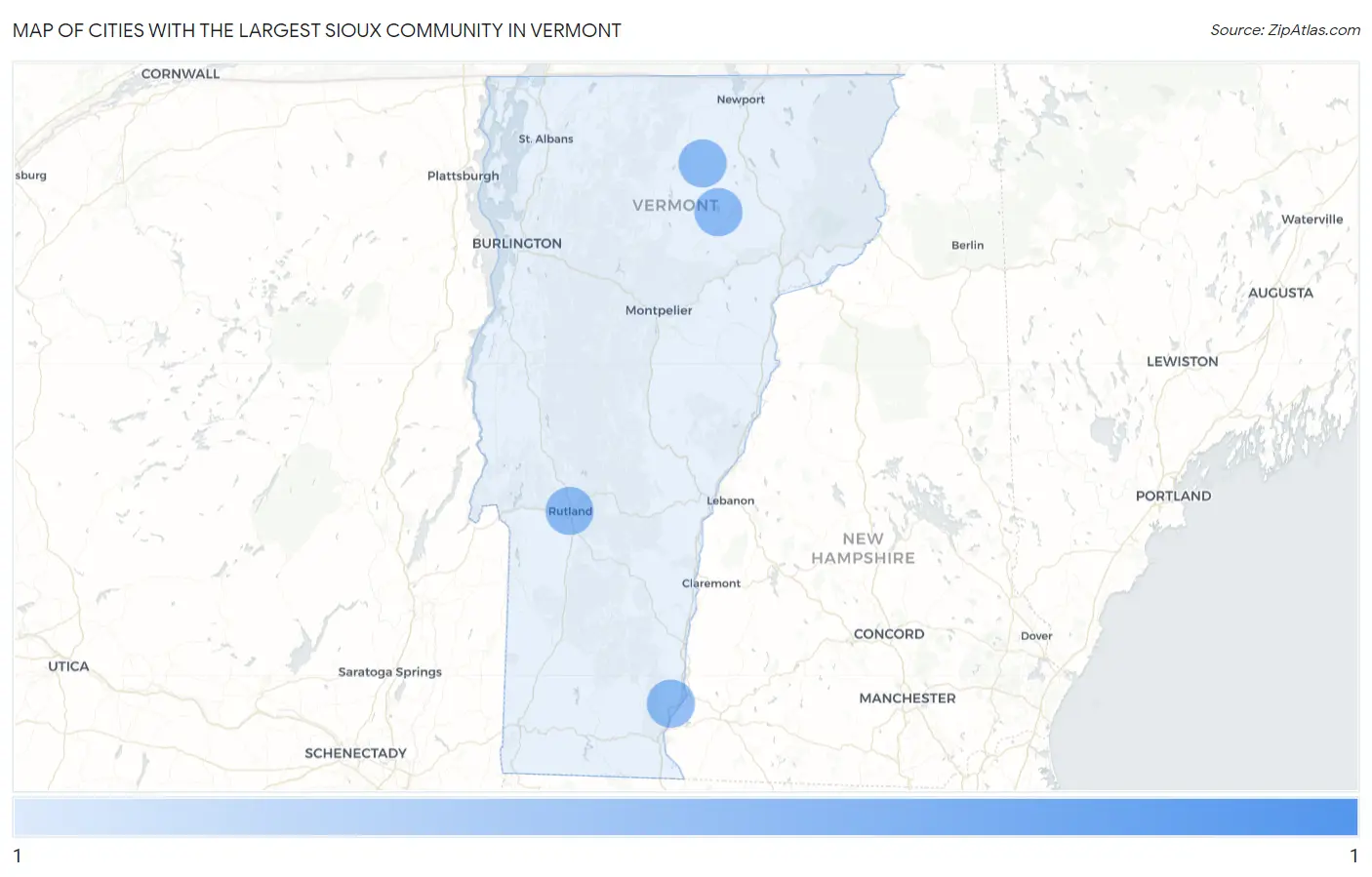 Cities with the Largest Sioux Community in Vermont Map