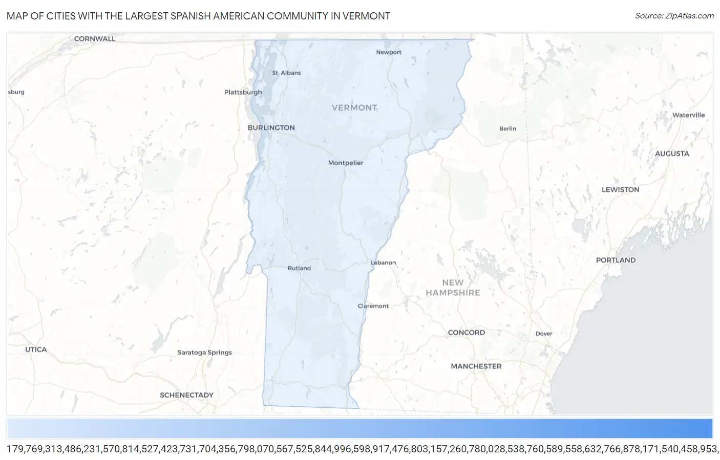 Cities with the Largest Spanish American Community in Vermont Map