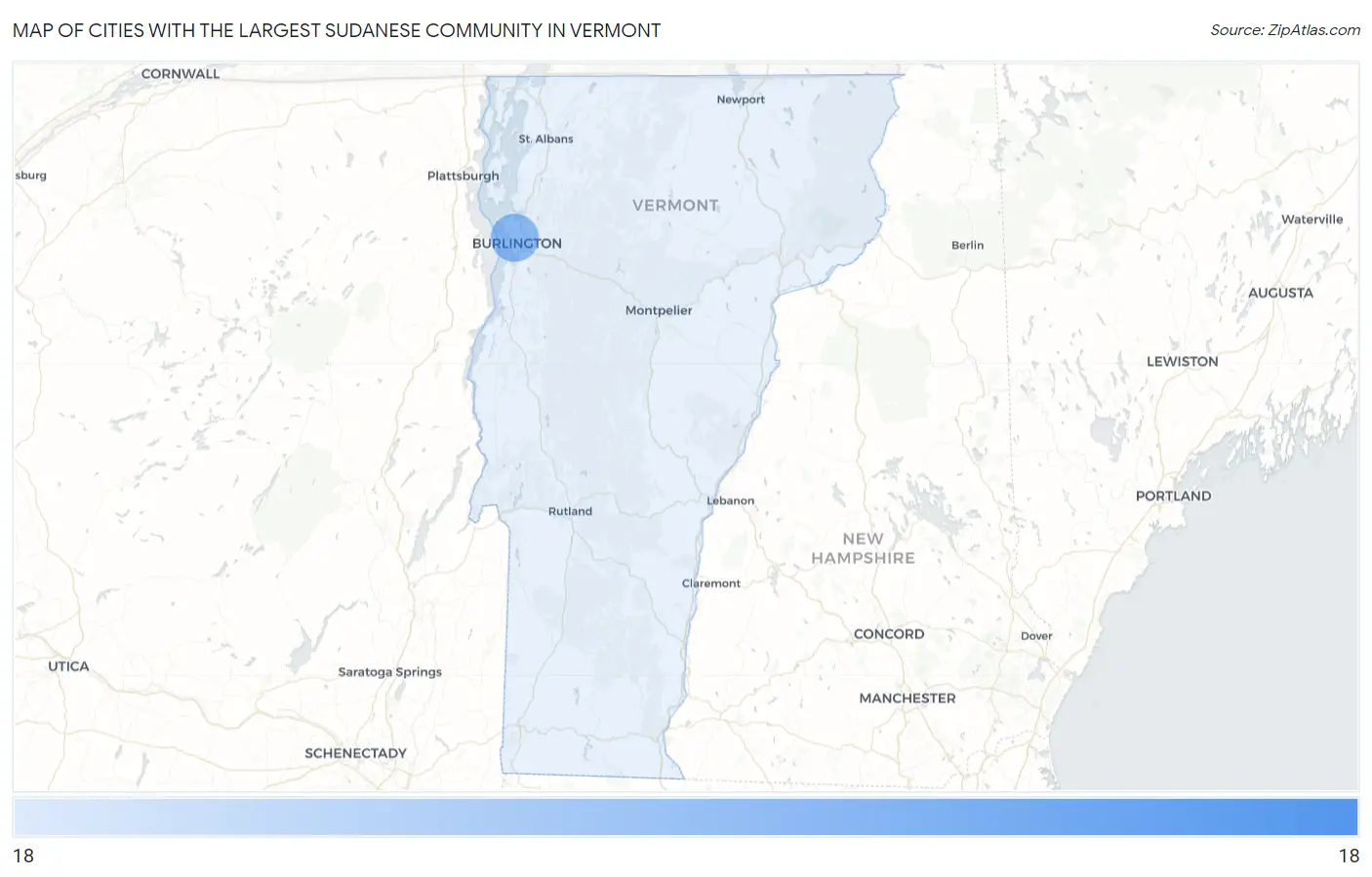 Cities with the Largest Sudanese Community in Vermont Map