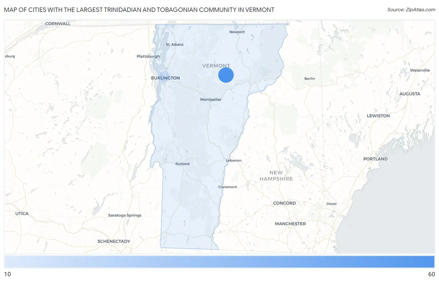 Cities with the Largest Trinidadian and Tobagonian Community in Vermont Map
