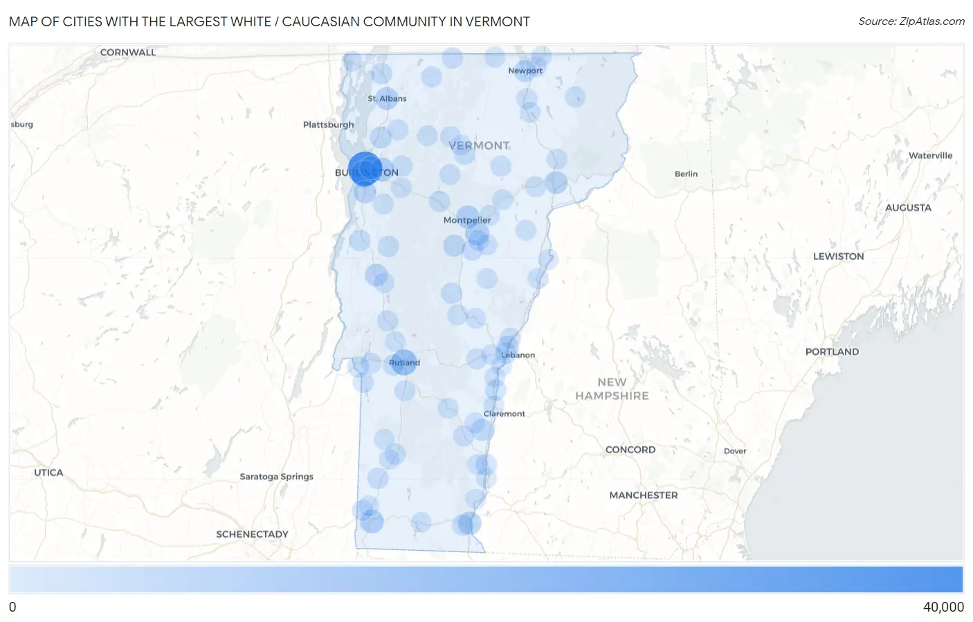 Cities with the Largest White / Caucasian Community in Vermont Map