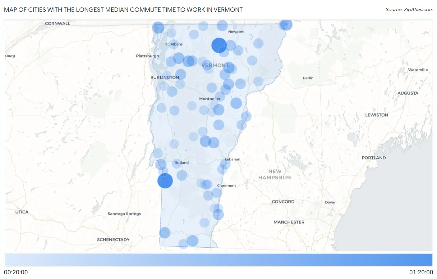 Cities with the Longest Median Commute Time to Work in Vermont Map
