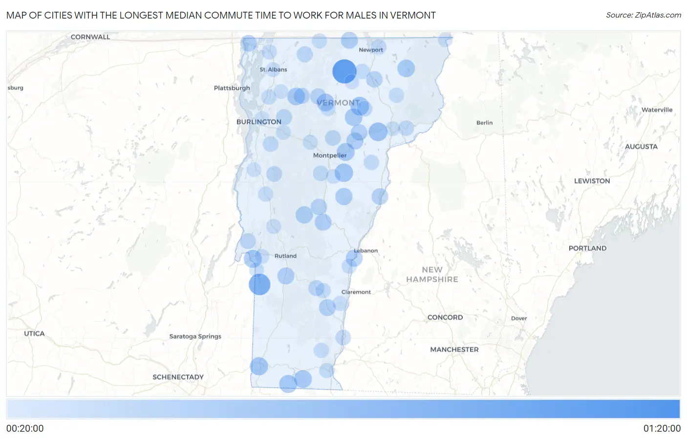 Cities with the Longest Median Commute Time to Work for Males in Vermont Map