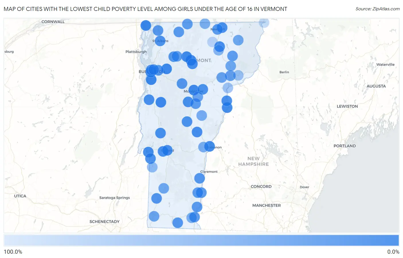 Cities with the Lowest Child Poverty Level Among Girls Under the Age of 16 in Vermont Map